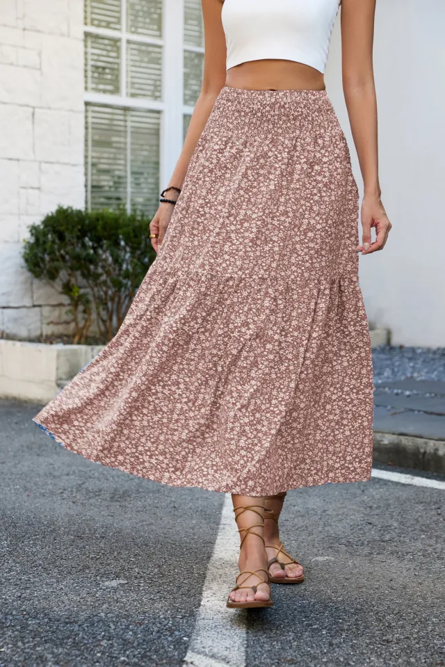 Floral Slim fitting High Waist Skirt For Women Camel - Shop at LoveMi