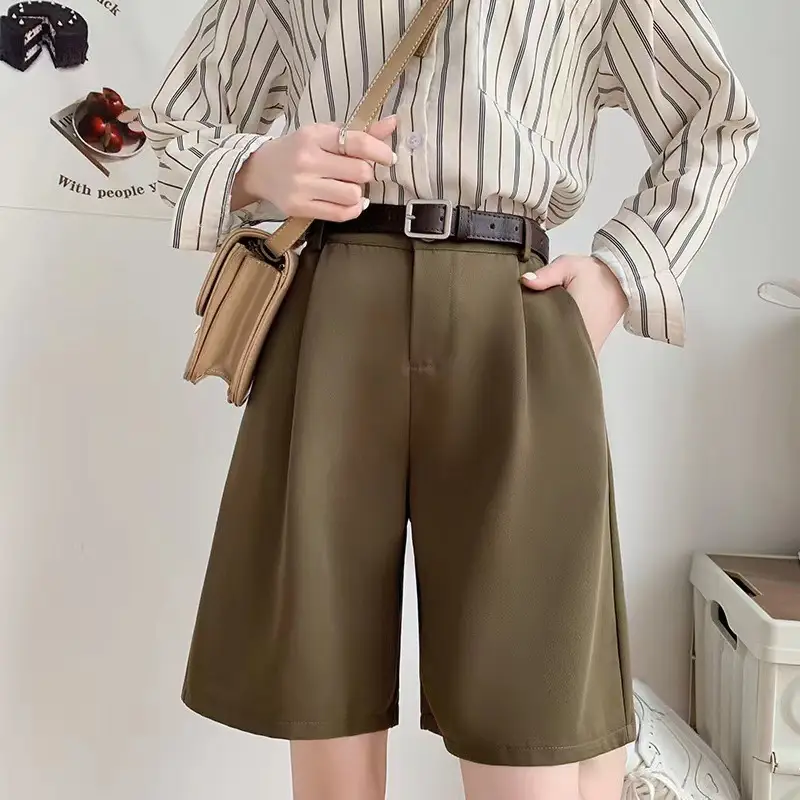 Summer Lightweight Loose-fit High-waisted A-line Slimming Capri Suit Shorts For Women
