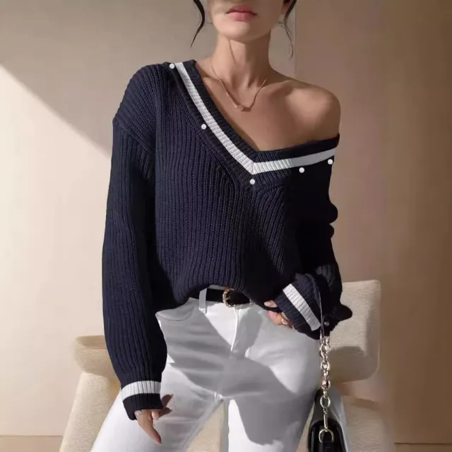 Deep V neck Off shoulder Handmade Pearl Decorative Contrast Color Knitted Pullover Sweater Purplish Blue - Shop at LoveMi