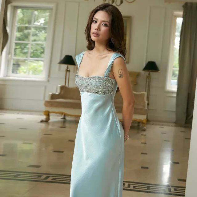 Backless Hot Pressed Diamond Waist Cinched Long Suspender Dress Blue - Shop at LoveMi