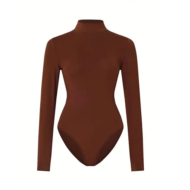 Solid color Form Fitting Long Sleeve Yoga Bodysuit Brown - Shop at LoveMi