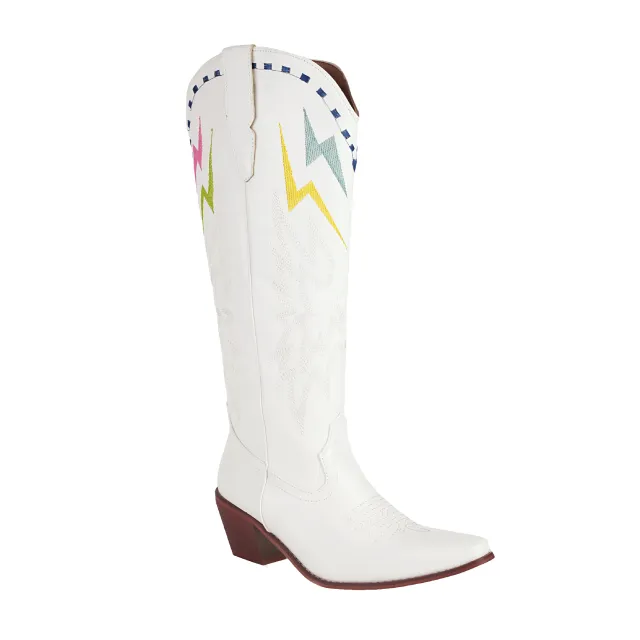 Lightning Embroidery Knee high Boots Women White - Shop at LoveMi