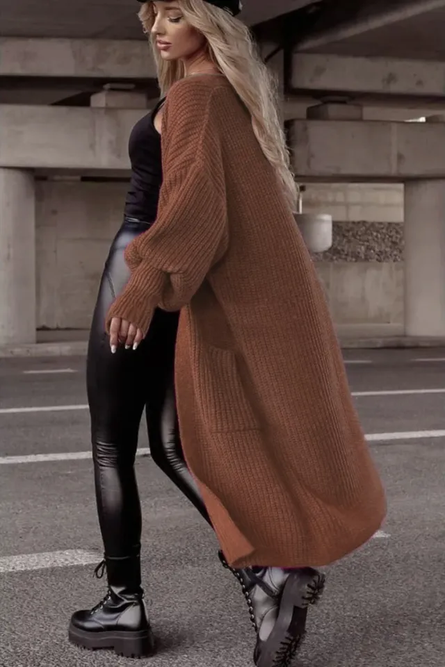 Loose Knitted Cardigan Pocket Long Lantern Sleeve Sweater Caramel Color - Shop at LoveMi