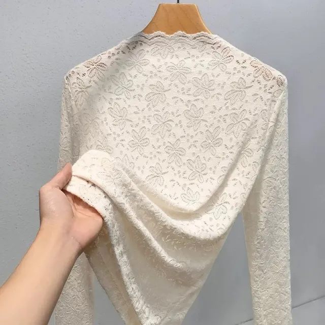 Womens Half Turtleneck Fleece Lined Brushed Lace Base Top Apricot - Shop at LoveMi
