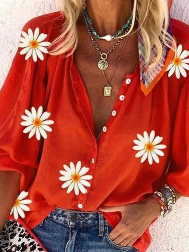 Women's V neck Long Sleeve Stand Collar Printed Sweet Blouse Sunflower - Shop at LoveMi