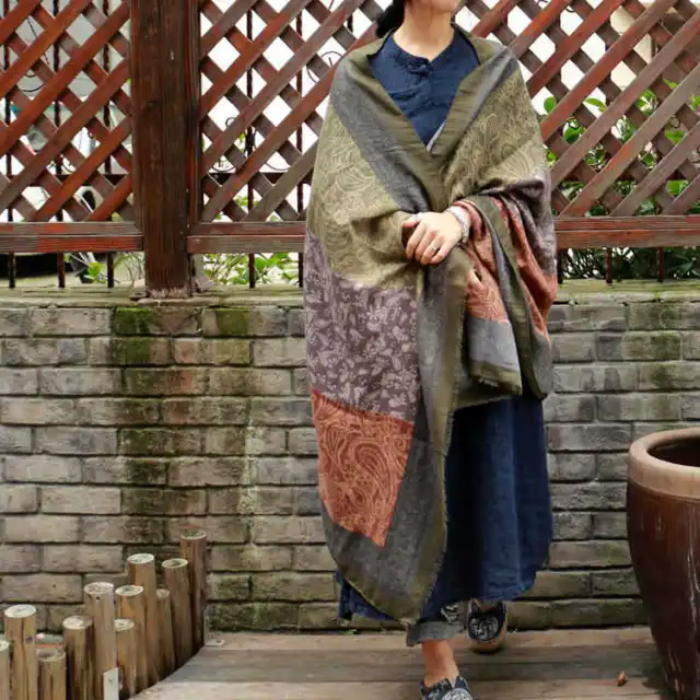 Retro Pattern Comfortable Cotton Ethnic Style Large Scarf Shawl Army Green - Shop at LoveMi