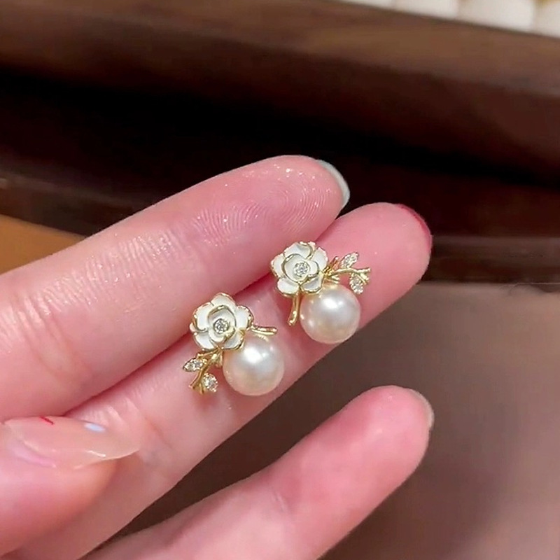 Camellia Pearl Stud Earrings Decorative