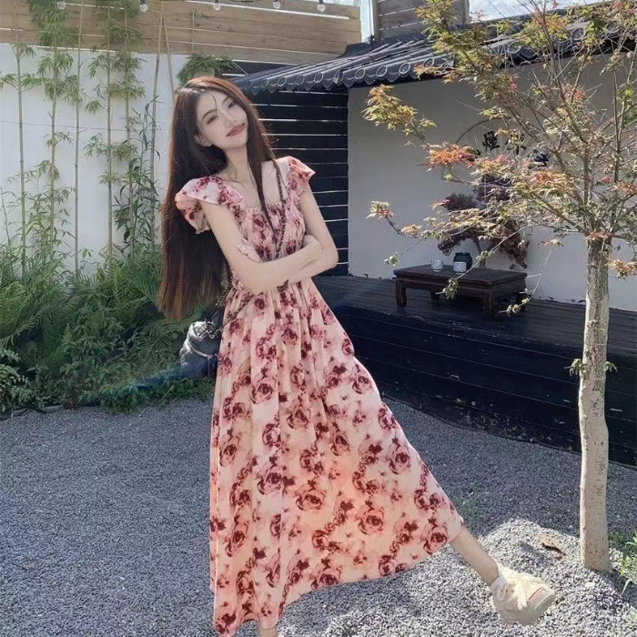 Flying Sleeve Dress Female Rose Print