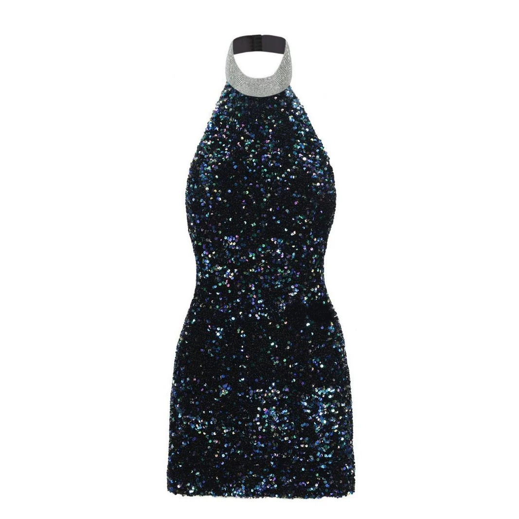 European And American Style Sexy Halter Neck Figure-hugging Colorful Sequined Mini Dress