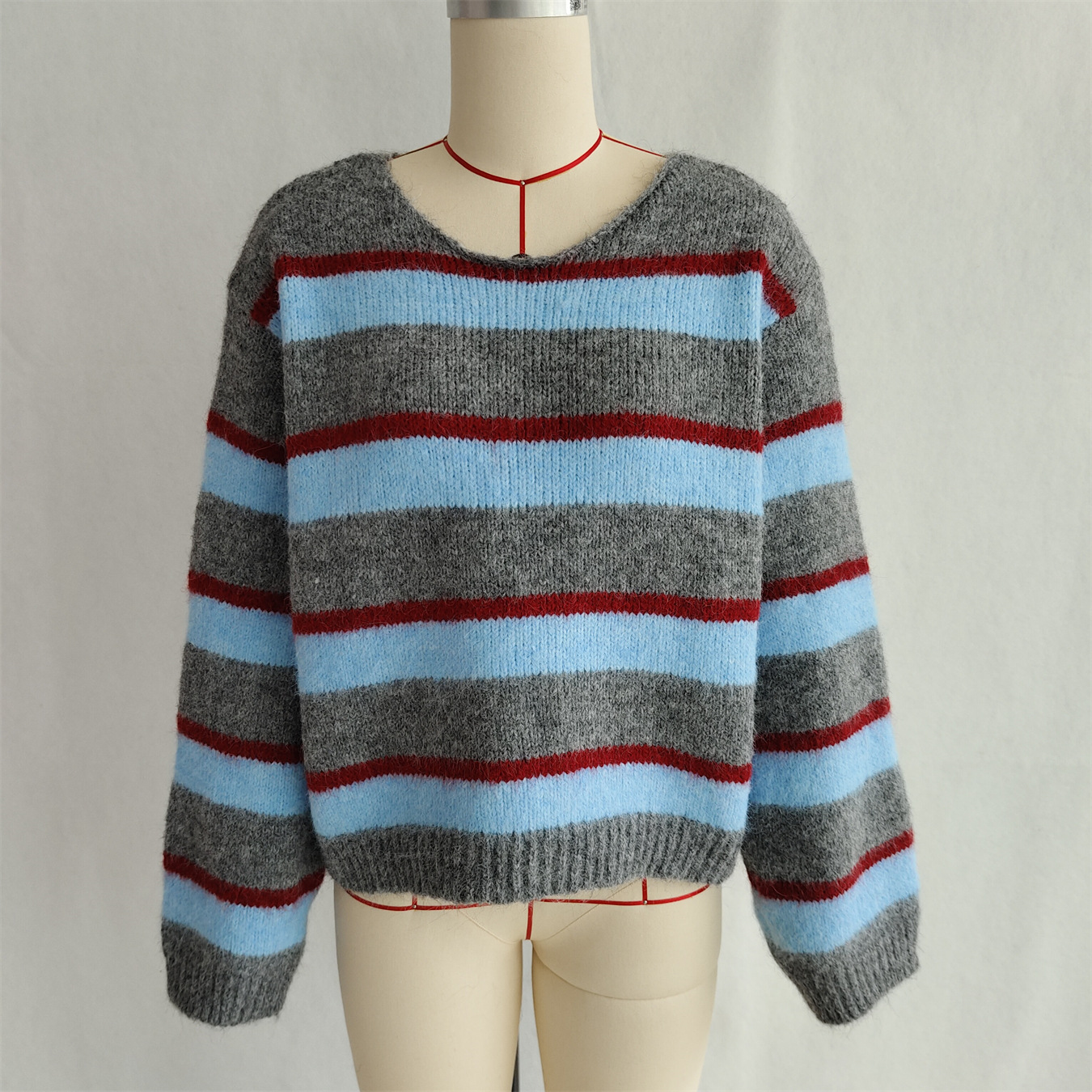 Striped Contrast Color Commuter Knit Casual Round Neck Long Sleeve Sweater
