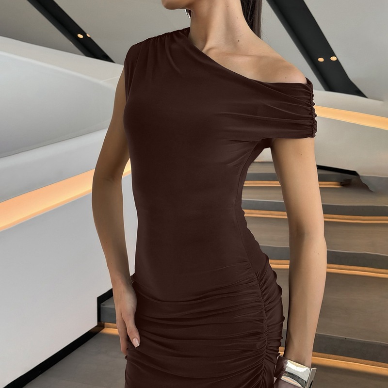 Fashion Pleated Waist Tight Slimming And Shoulder Hollow Sexy Solid Color Dress