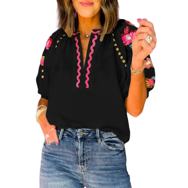 Spring New Multi Color Half Casual Style Embroidered Chiffon Shirt Women Lc25127726P2 - Shop at LoveMi