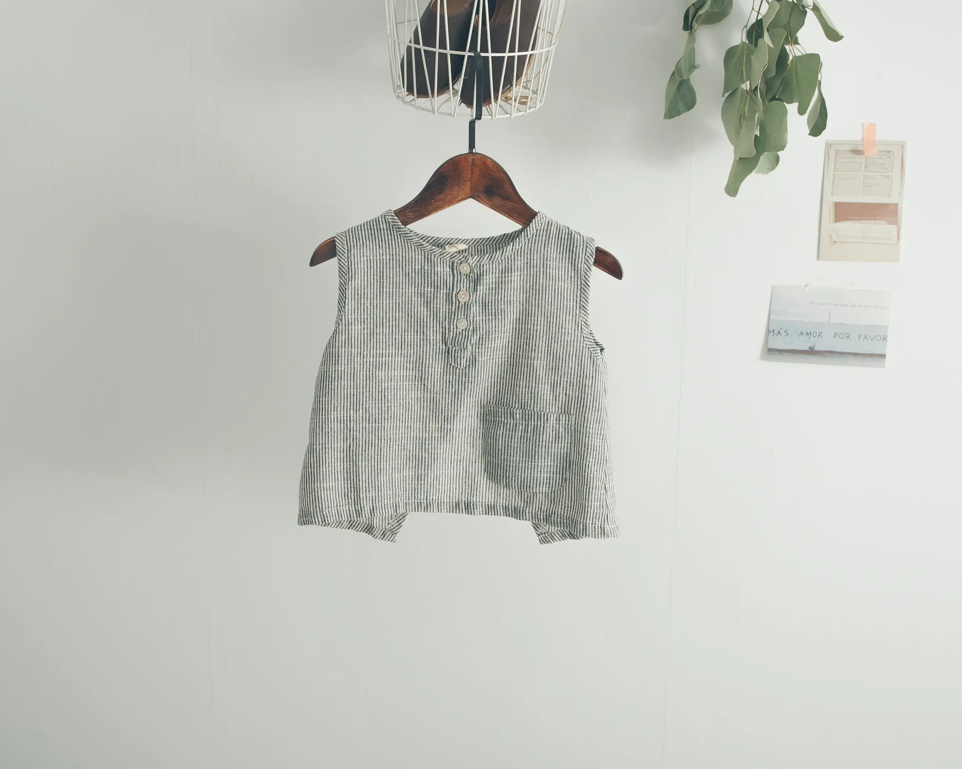 Korean Style Summer Children's Cotton And Linen Sleeveless Back Slit Vertical Stripe Vest