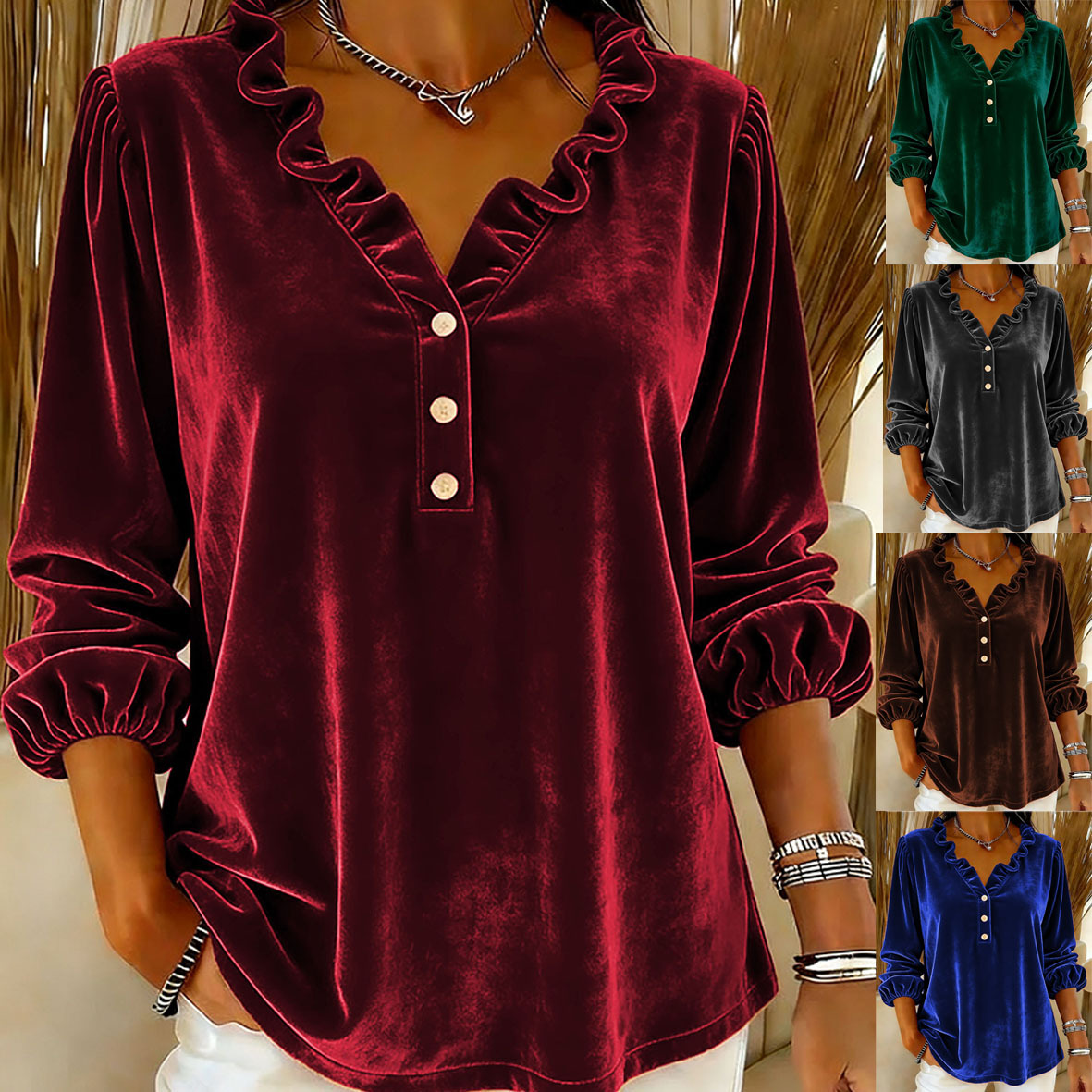 Fashionable Casual Commuter Womens Long-Sleeve Top With A V-Neck And Buttons