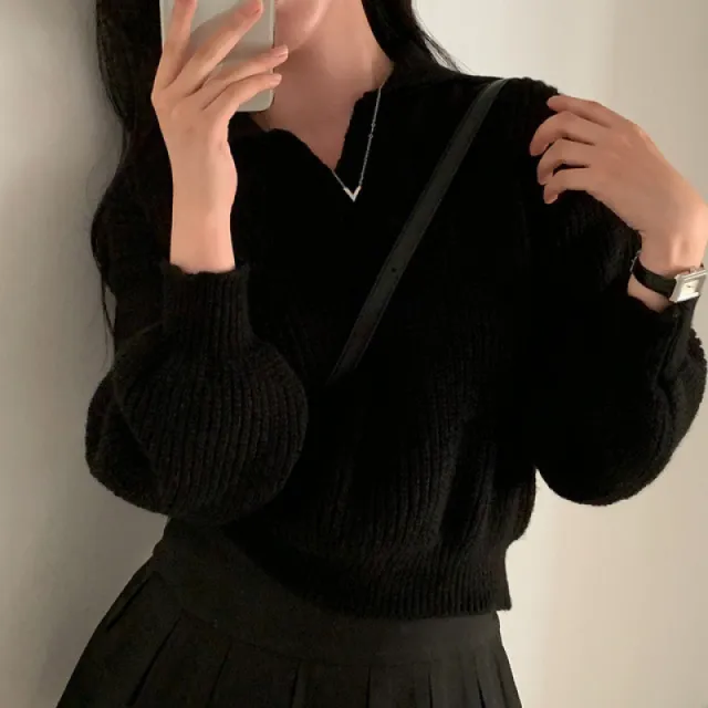 Women's V neck Lapel Long sleeved Sweater Slim Fit Slimming Sweater Black - Shop at LoveMi