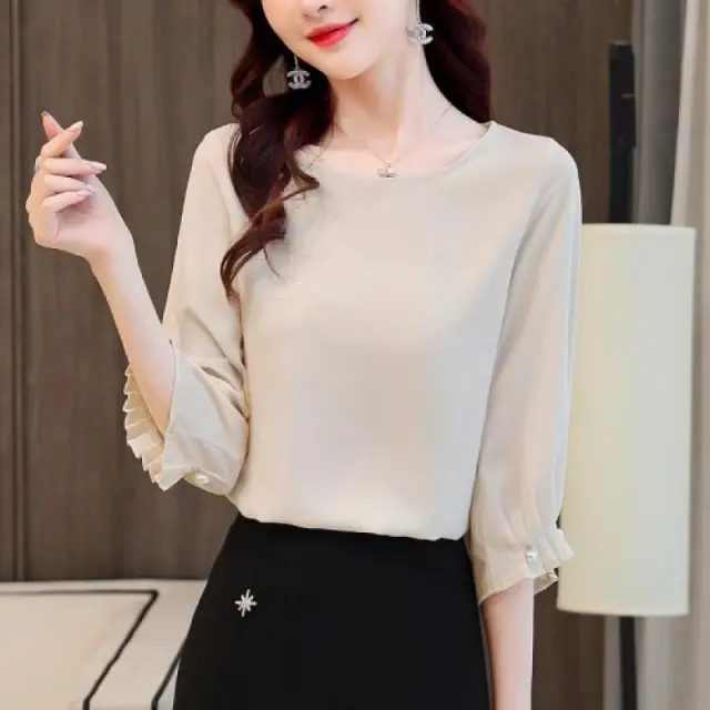 Women's Three quarter Sleeve Chiffon Shirt Beige - Shop at LoveMi
