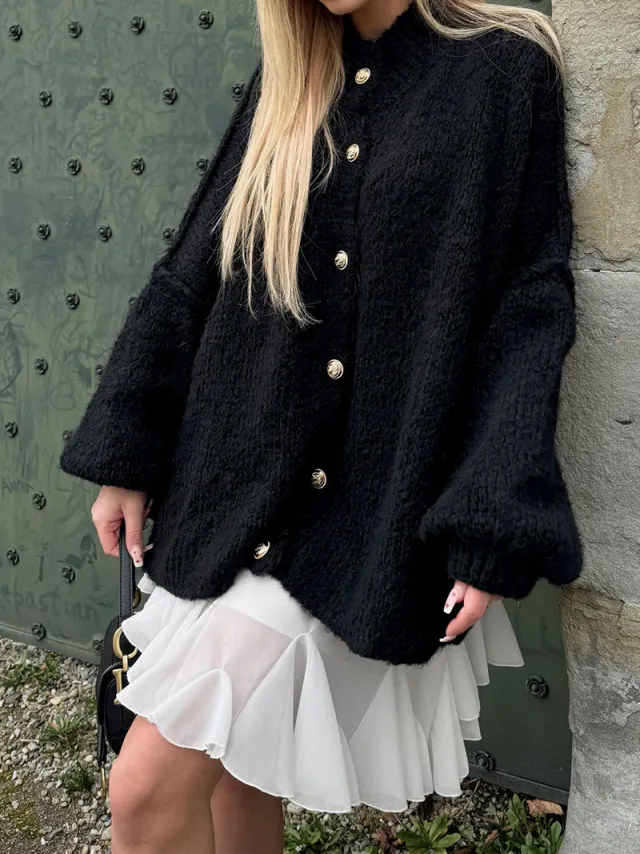 Fashion Solid Color Casual Retro Cardigan Black - Shop at LoveMi