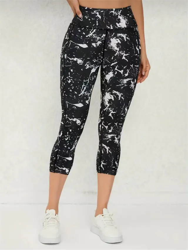 Trousers Belly Contracting Hip Lifting Yoga Fitness Exercise Nude Feel Tight Leggings Printing Black - Shop at LoveMi