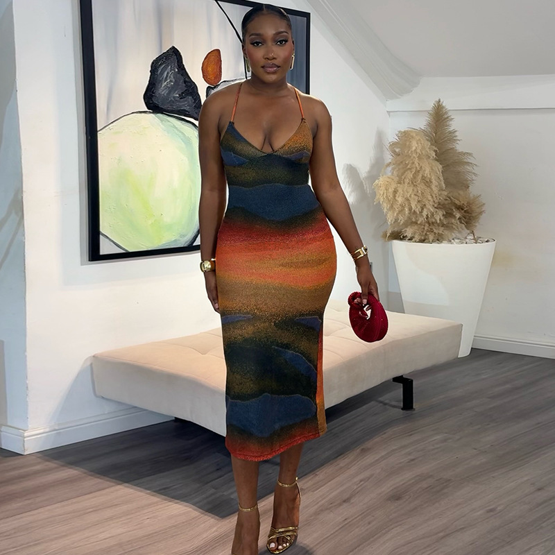 Womens Breathable Printed Backless Maxi Bodycon Shoulder Straps Dress