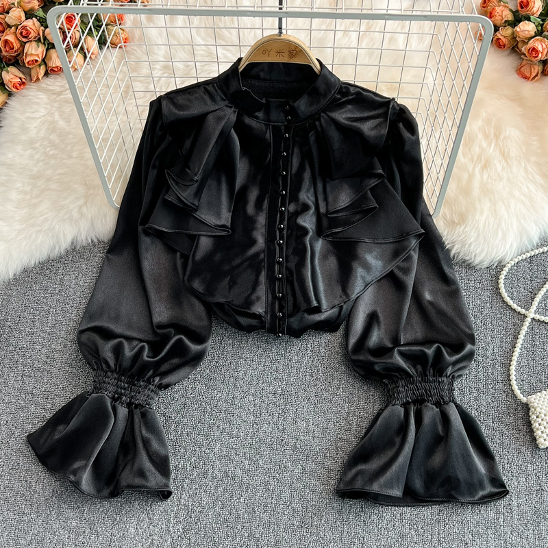 Women's Retro Elegant Bell-Sleeve Stand-Neck Shirt