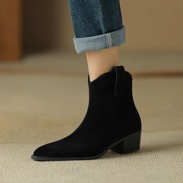 Mid Heel Soft Leather Thick Heel Pointed Female Boots Niche Short Tube Black - Shop at LoveMi