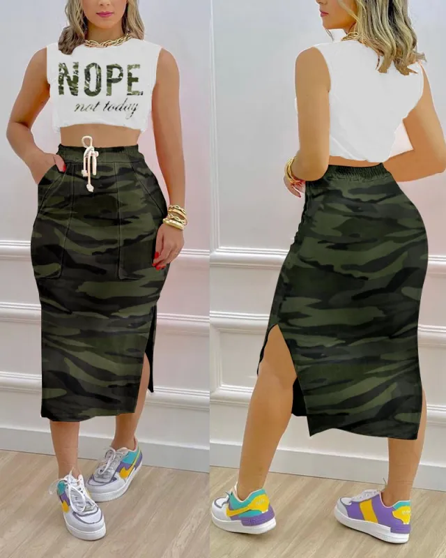 Fashion Casual Urban Leisure Women's Clothing Skirts Suit Letter Camouflage L - Shop at LoveMi