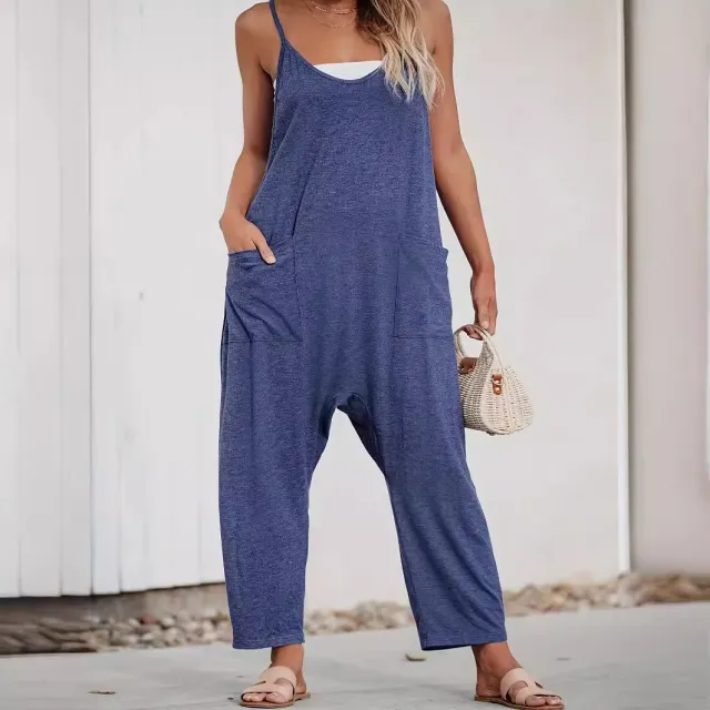 Summer New Casual Spaghetti Straps Knitted Jumpsuit Suspender Trousers Sapphire Blue - Shop at LoveMi