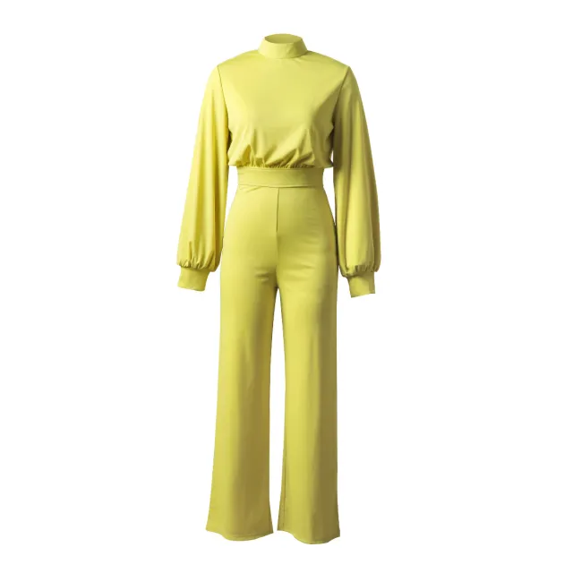 Women's Solid Color Turtleneck Backless Long Sleeves Casual One piece Trousers Yellow - Shop at LoveMi