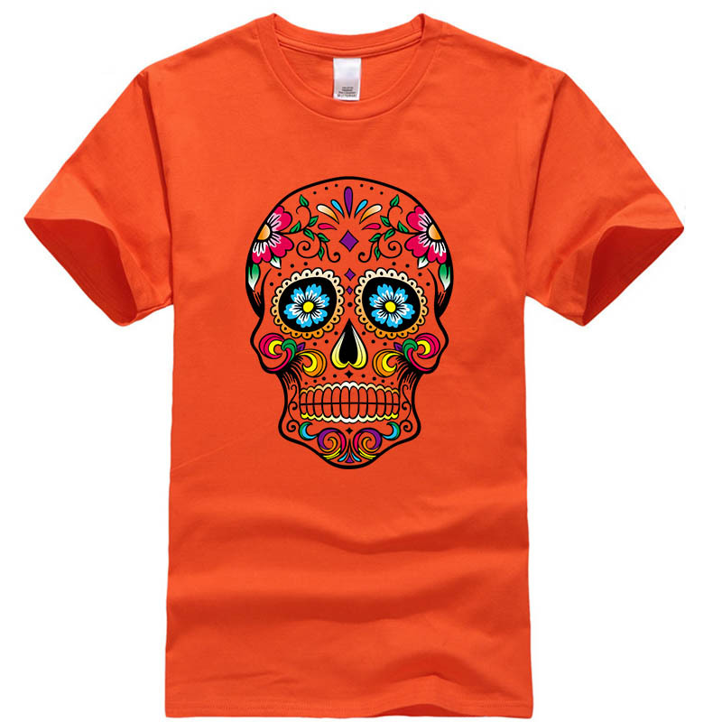 Short Sleeve Skull Print Cartoon Casual T shirt Orange - Shop at LoveMi