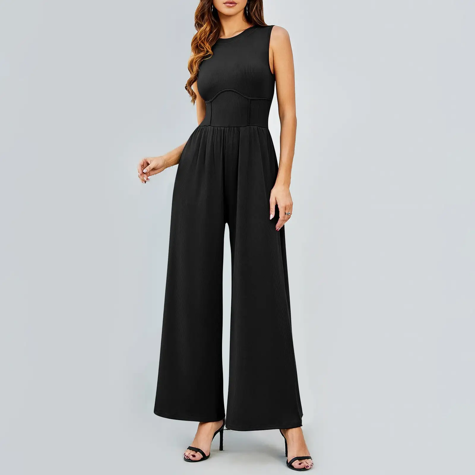 Womens Round-neck Solid-color Sleeveless Slim-fit Long Casual Jumpsuit