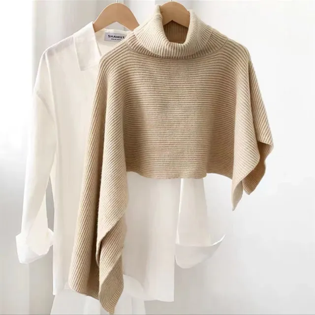 Sweater Shawl Turtleneck Irregular Cloak Warm Padded Coat Knitted Scarf Beige - Shop at LoveMi