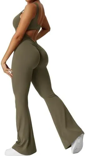 Women Sleeveless Flare Jumpsuits Fitness Yoga Long Pants Army Green - Shop at LoveMi
