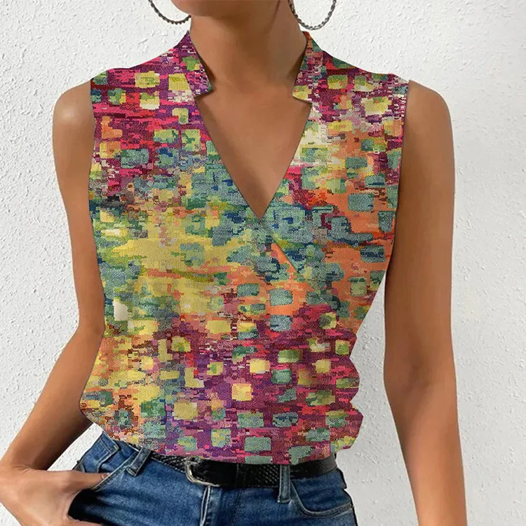 Casual Printed Tops Summer V-neck Sleeveless T-shirt Womens Clothing - Figure 4