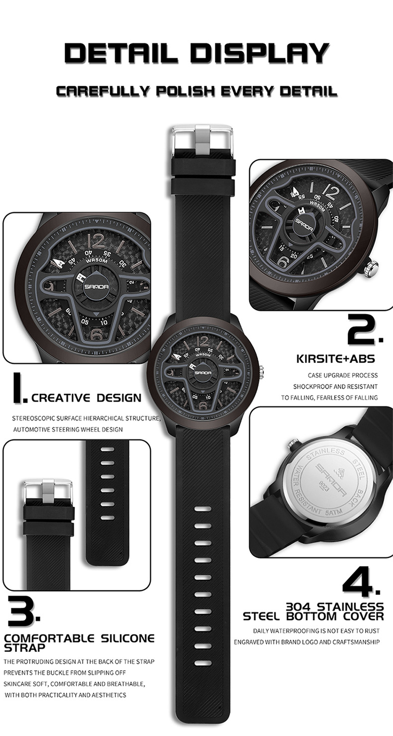 Sanda 9023 Creative Steering Wheel Quartz watch for Men