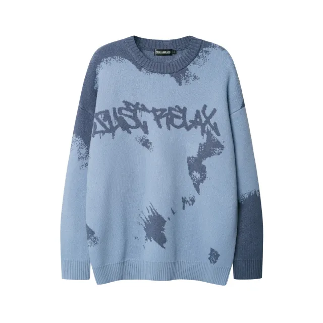 Retro Contrast Color Idle Style Crew Neck Pullover Sweater Blue - Shop at LoveMi