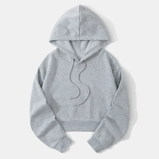 Autumn And Winter Fleece lined Casual Short Cropped Hooded Sweatshirt Gray - Shop at LoveMi