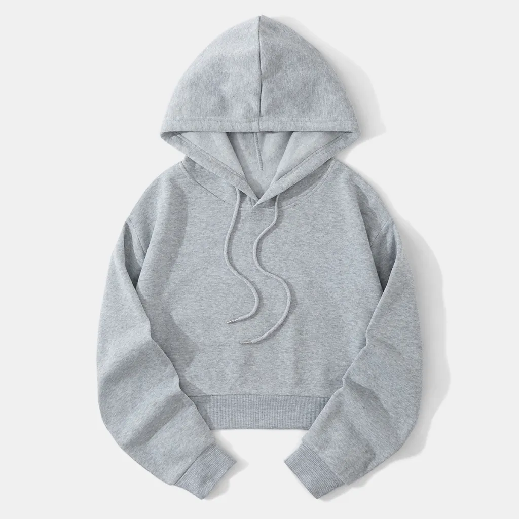 Autumn And Winter Fleece-lined Casual Short Cropped Hooded Sweatshirt - Gray