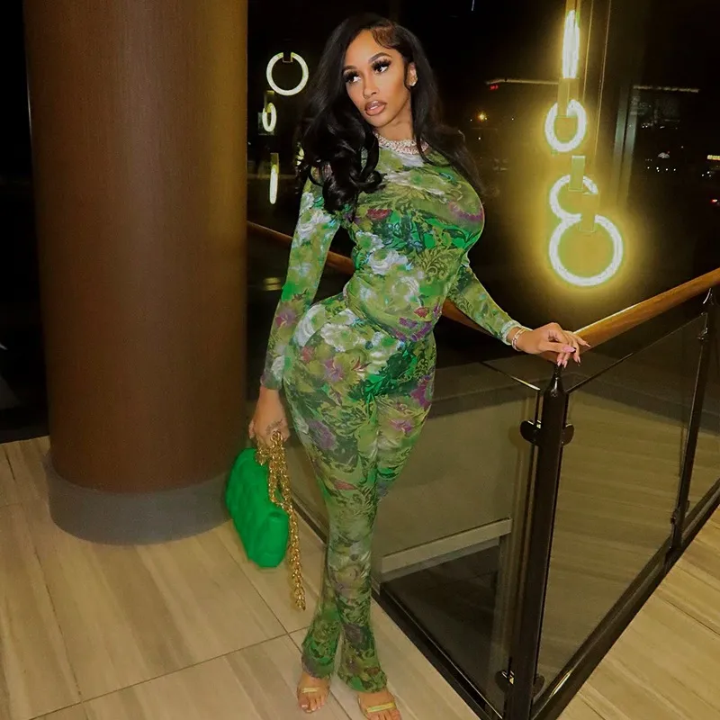 Spring And Summer Fashion Mesh Printed Round Neck Long-sleeved Doublet Trousers Polyester Casual Suit - Green