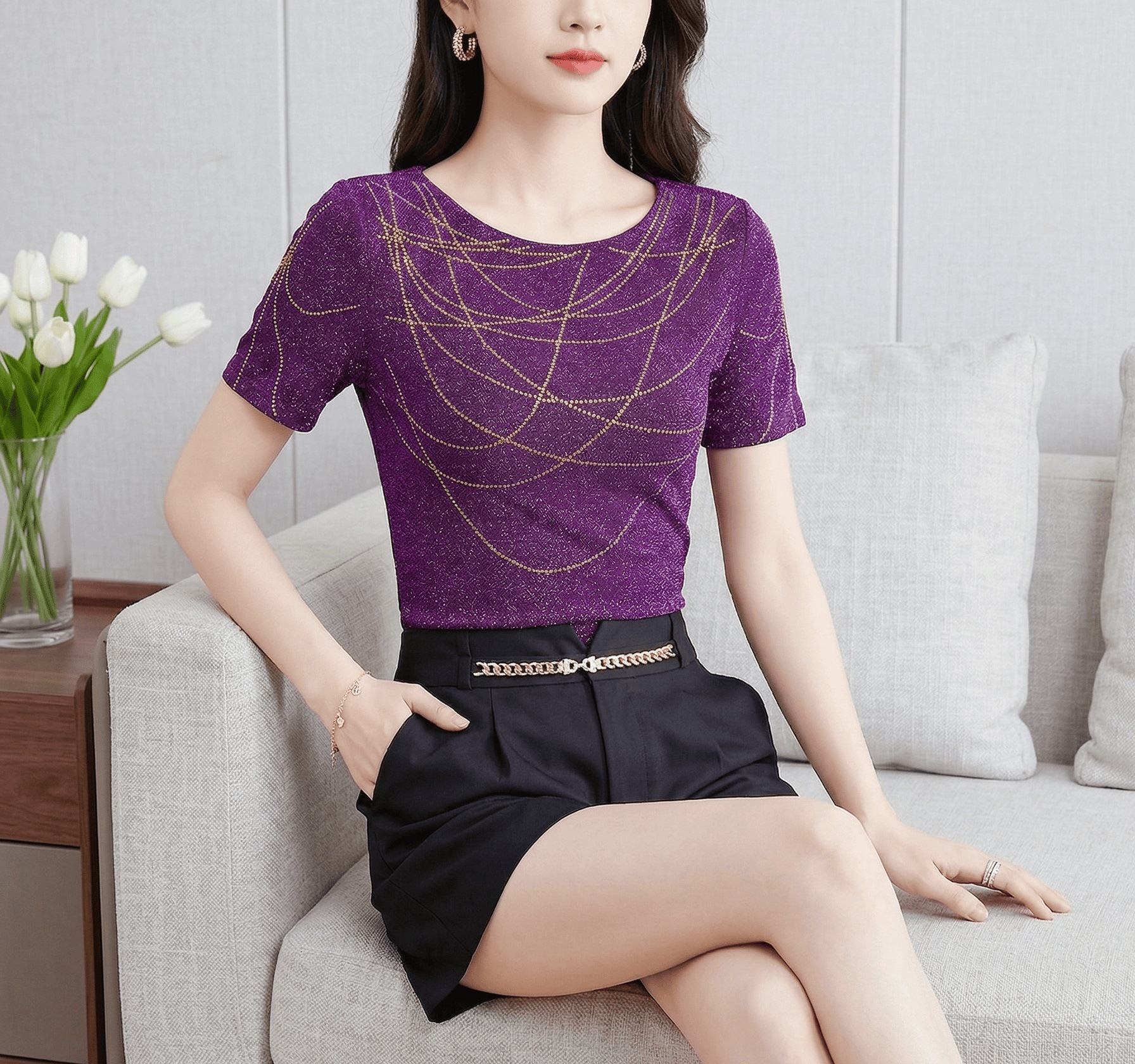 Round-neck Sparkly Heat-transfer Rhinestone High-stretch Mesh T-shirt