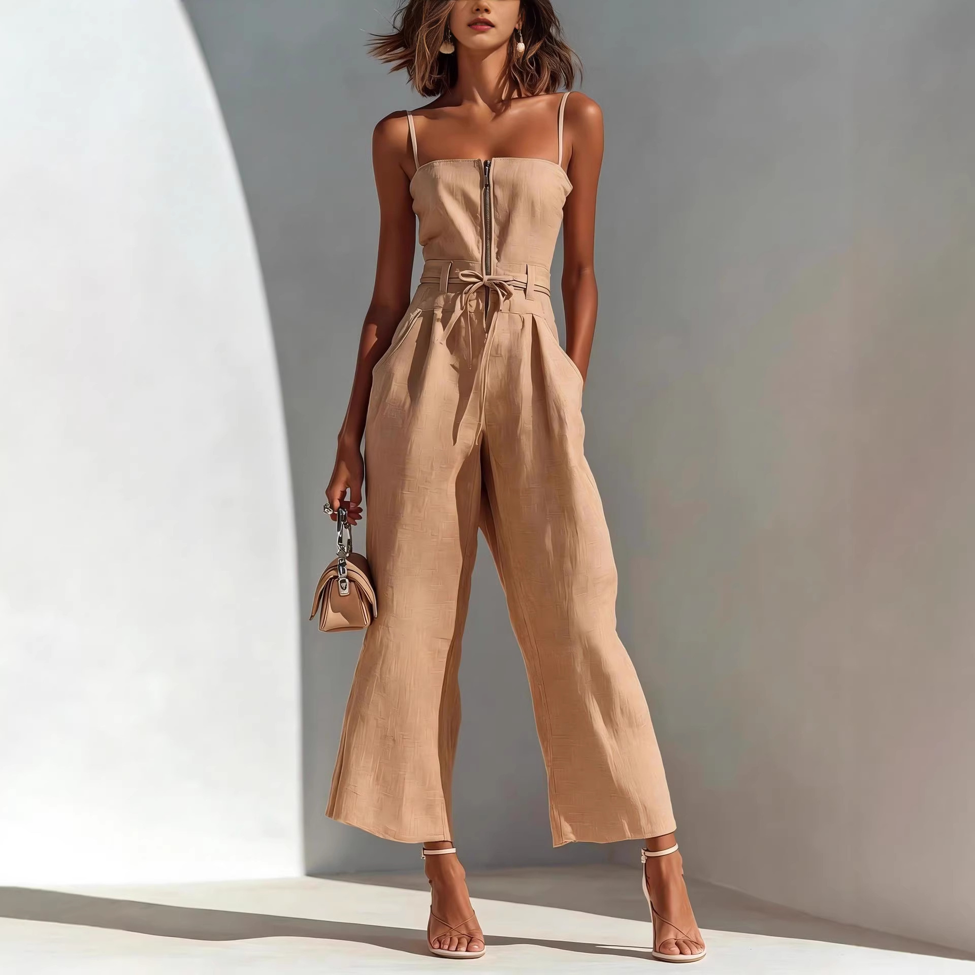 Strapless Sleeveless Lace-up Womens Jumpsuit With Wide-leg Trousers