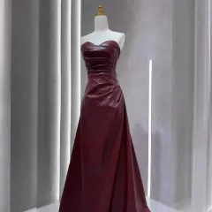 Off-the-shoulder Tube Top Leather Skirt Evening Gown - Wine Red - View 1