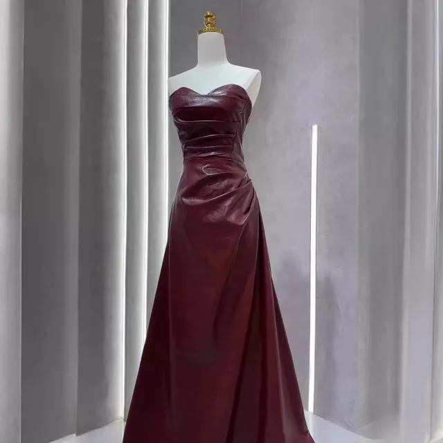 Off the shoulder Tube Top Leather Skirt Evening Gown Wine Red - Shop at LoveMi