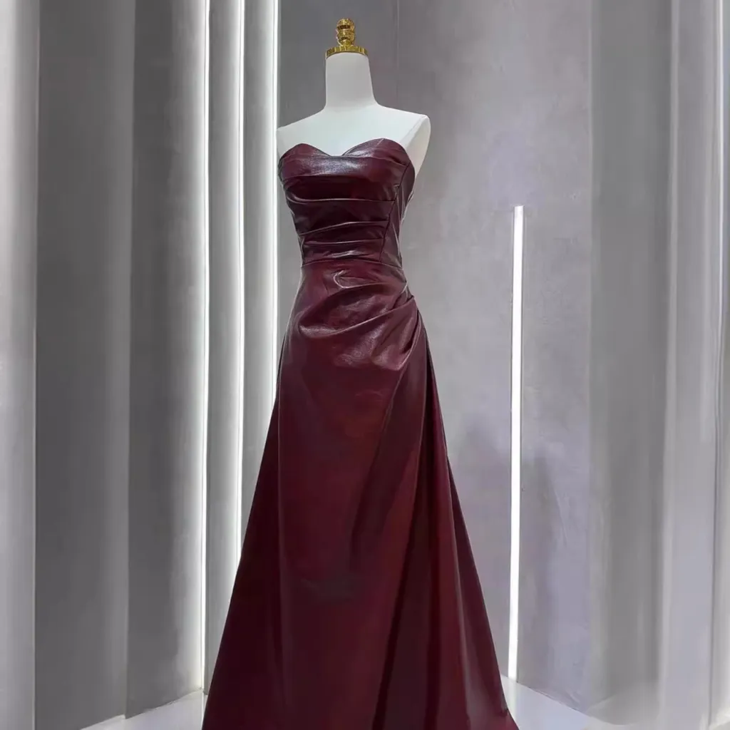 Off-the-shoulder Tube Top Leather Skirt Evening Gown - Wine Red