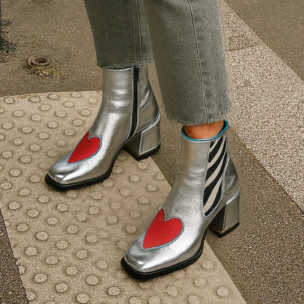 Square-toe Red Chunky-heeled Ankle Boots With A Side Zipper And Heart Detail