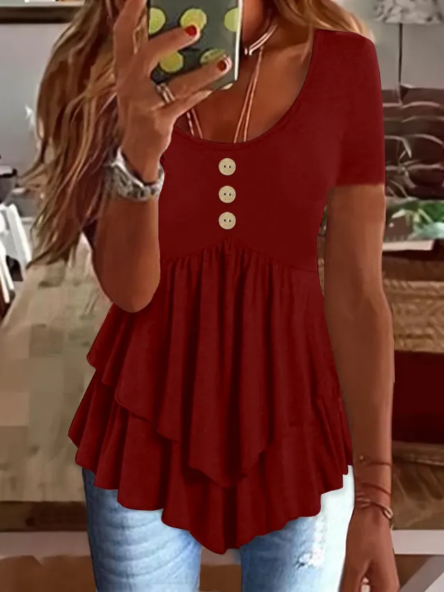 Fashion Three button Casual Solid Color Short Sleeve Wine Red - Shop at LoveMi