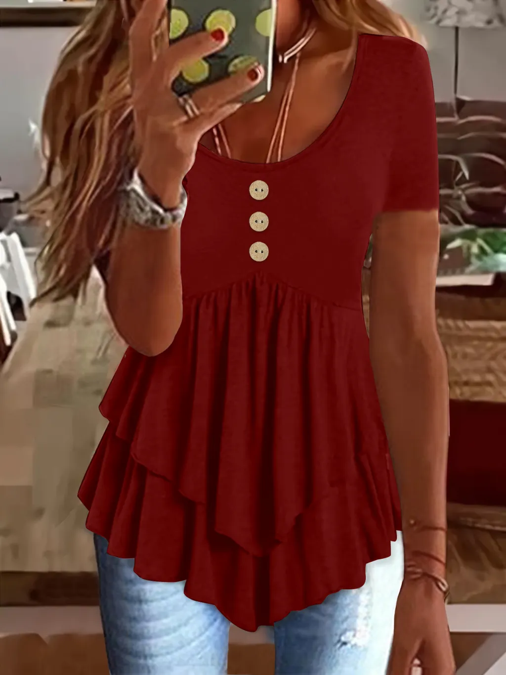 Fashion Three-button Casual Solid Color Short Sleeve - Wine Red