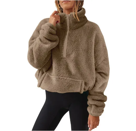 European And American Velvet Fleece lined Women's Half Zipped Stand Collar Sweater Caramel Color - Shop at LoveMi