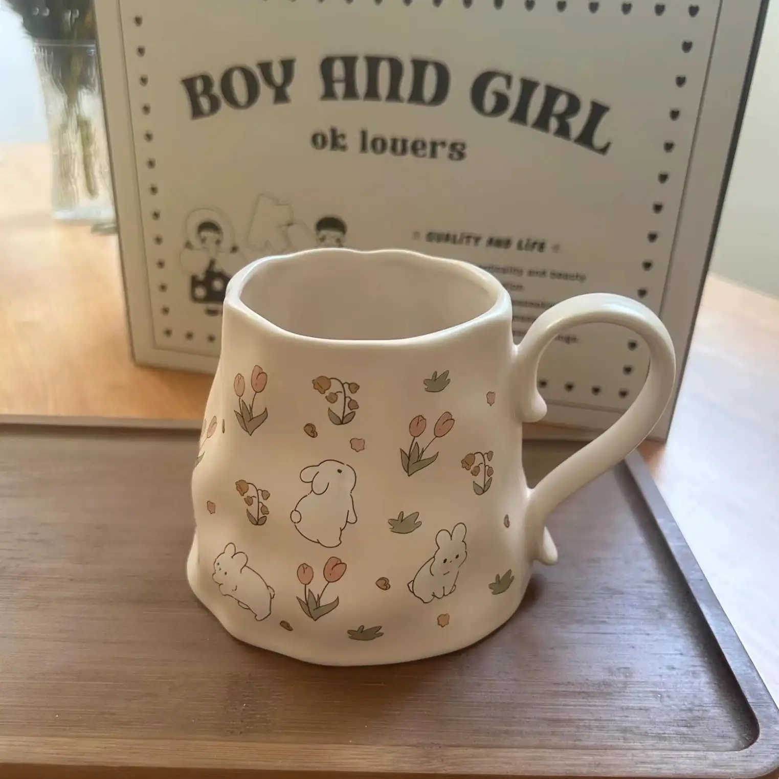 Cute Cartoon Rabbit Ceramic Mug With Lid, Creative Design