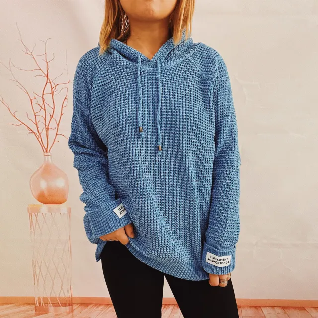 Women's Loose Hooded Knitted Patch Solid Color Sweater Blue - Shop at LoveMi