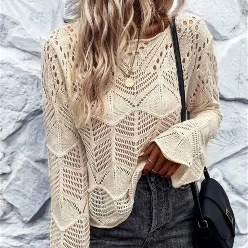 Crochet Hollow-Out Knitted Flared-Sleeve Sweater